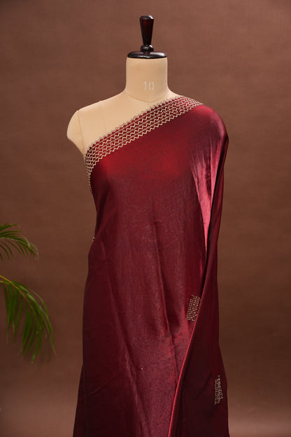 Ruby Red Hand Embellished Party Wear Saree with Designer Border & Floral Motif