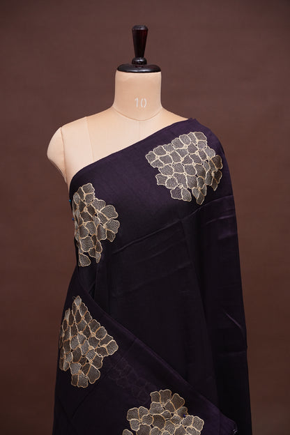 Tussar Banarasi Raw Silk Saree with Floral Zari Butta Weaving – Deep Purple