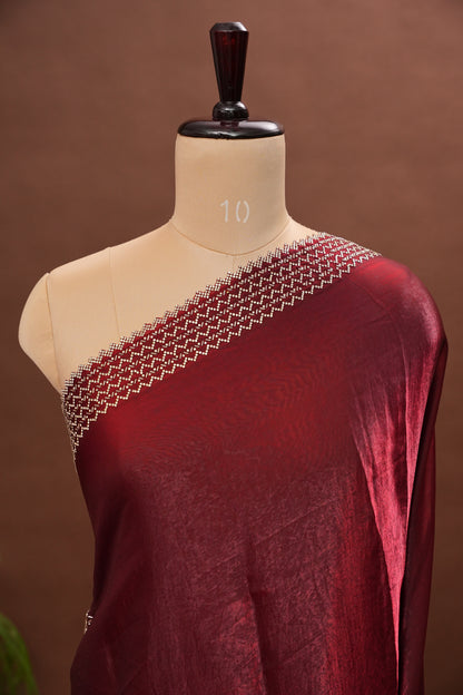 Ruby Red Hand Embellished Party Wear Saree with Designer Border & Floral Motif