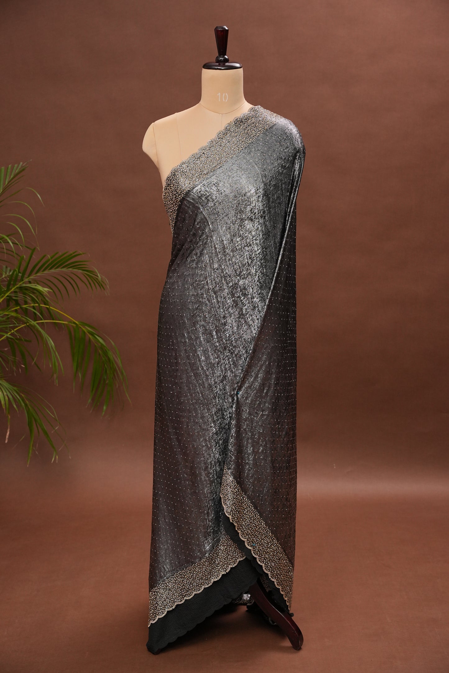 Silver blackish Grey Hand Embellished Party Wear Saree with Designer Scallop Border