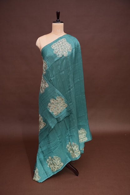 Tussar Banarasi Raw Silk Saree with Floral Zari Butta Weaving – Sea Green