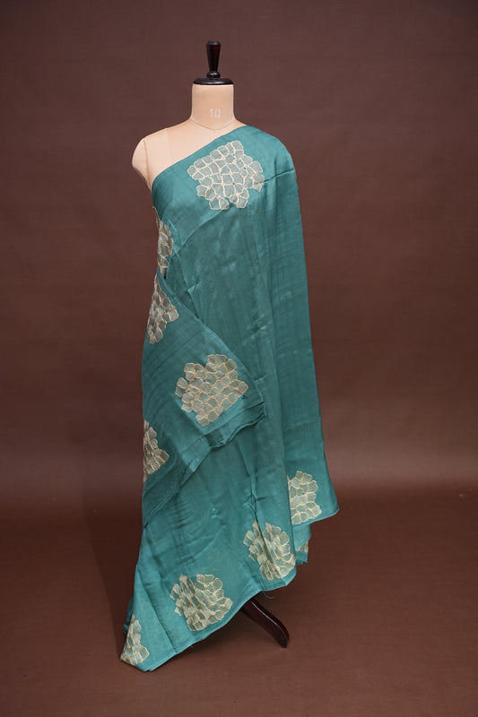 Tussar Banarasi Raw Silk Saree with Floral Zari Butta Weaving – Sea Green