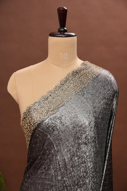 Silver blackish Grey Hand Embellished Party Wear Saree with Designer Scallop Border