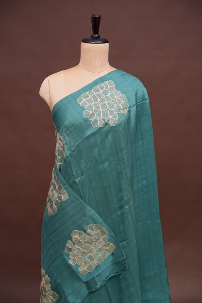 Tussar Banarasi Raw Silk Saree with Floral Zari Butta Weaving – Sea Green