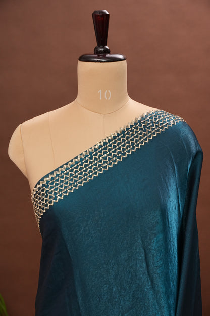 Teal Blue Party Wear Saree with Geometric Hand Embellished Detailing