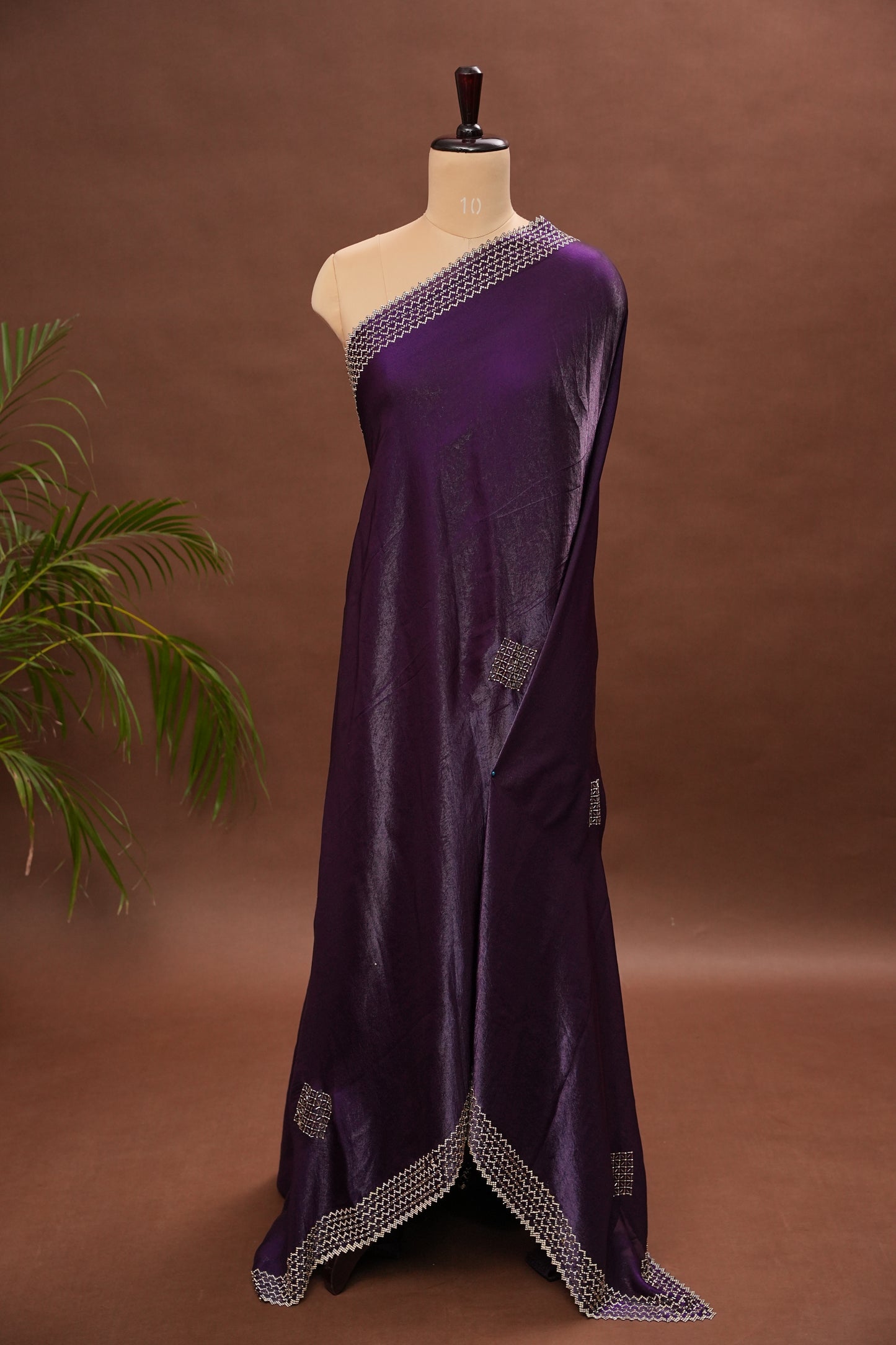 Royal Purple Party Wear Saree with Geometric Hand Embellished Border
