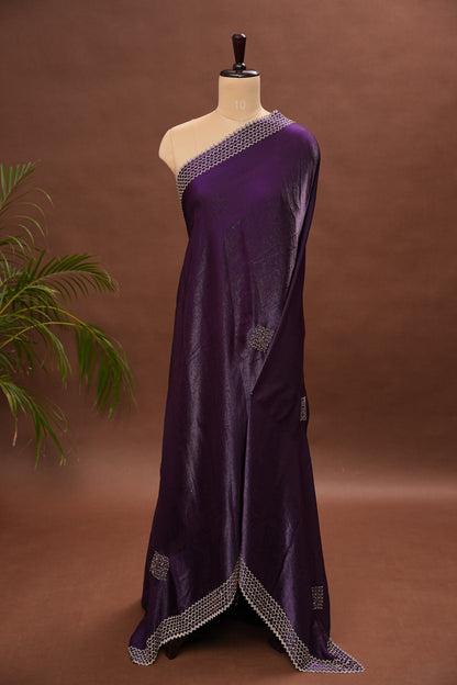 Royal Purple Party Wear Saree with Geometric Hand Embellished Border