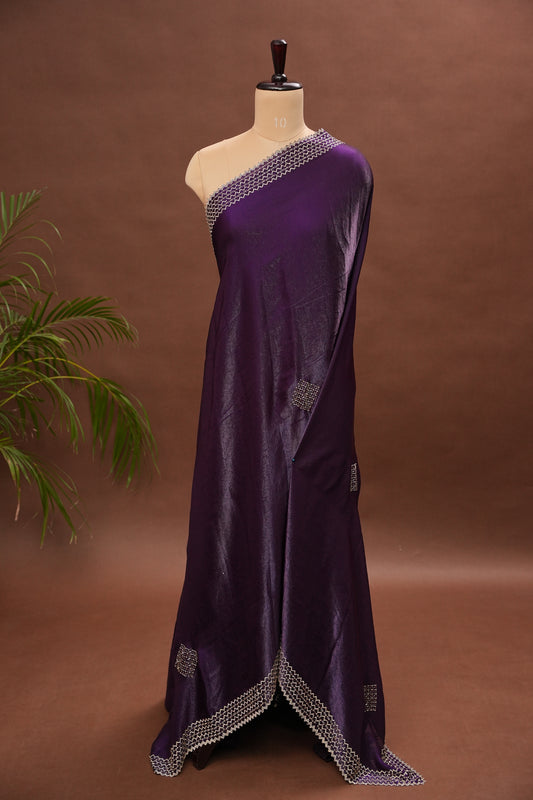 Royal Purple Party Wear Saree with Geometric Hand Embellished Border