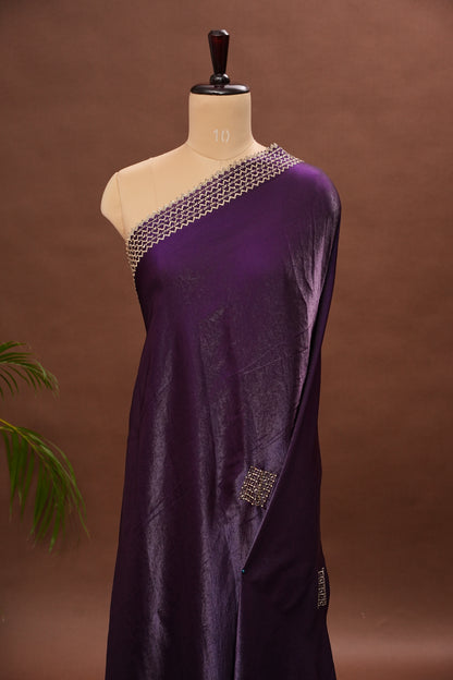 Royal Purple Party Wear Saree with Geometric Hand Embellished Border