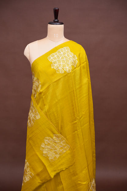 Tussar Banarasi Raw Silk Saree with Floral Zari Butta Weaving – Soft Yellow