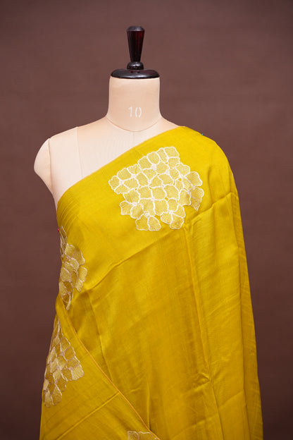 Tussar Banarasi Raw Silk Saree with Floral Zari Butta Weaving – Soft Yellow