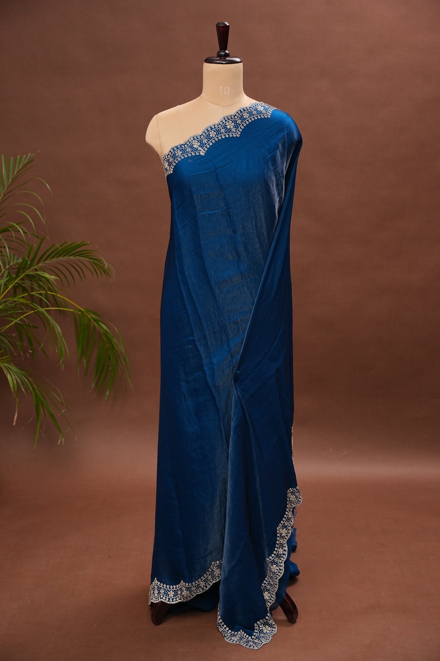 Royal Sapphire Blue Party Wear Saree with Hand Embellished Border & Floral Motifs
