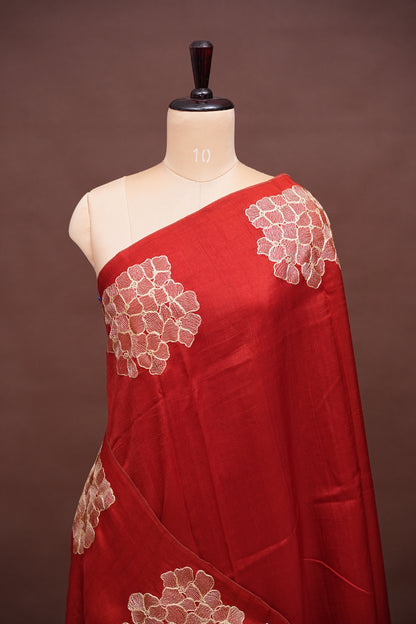 Tussar Banarasi Raw Silk Saree with Floral Zari Butta Weaving – Rust Orange