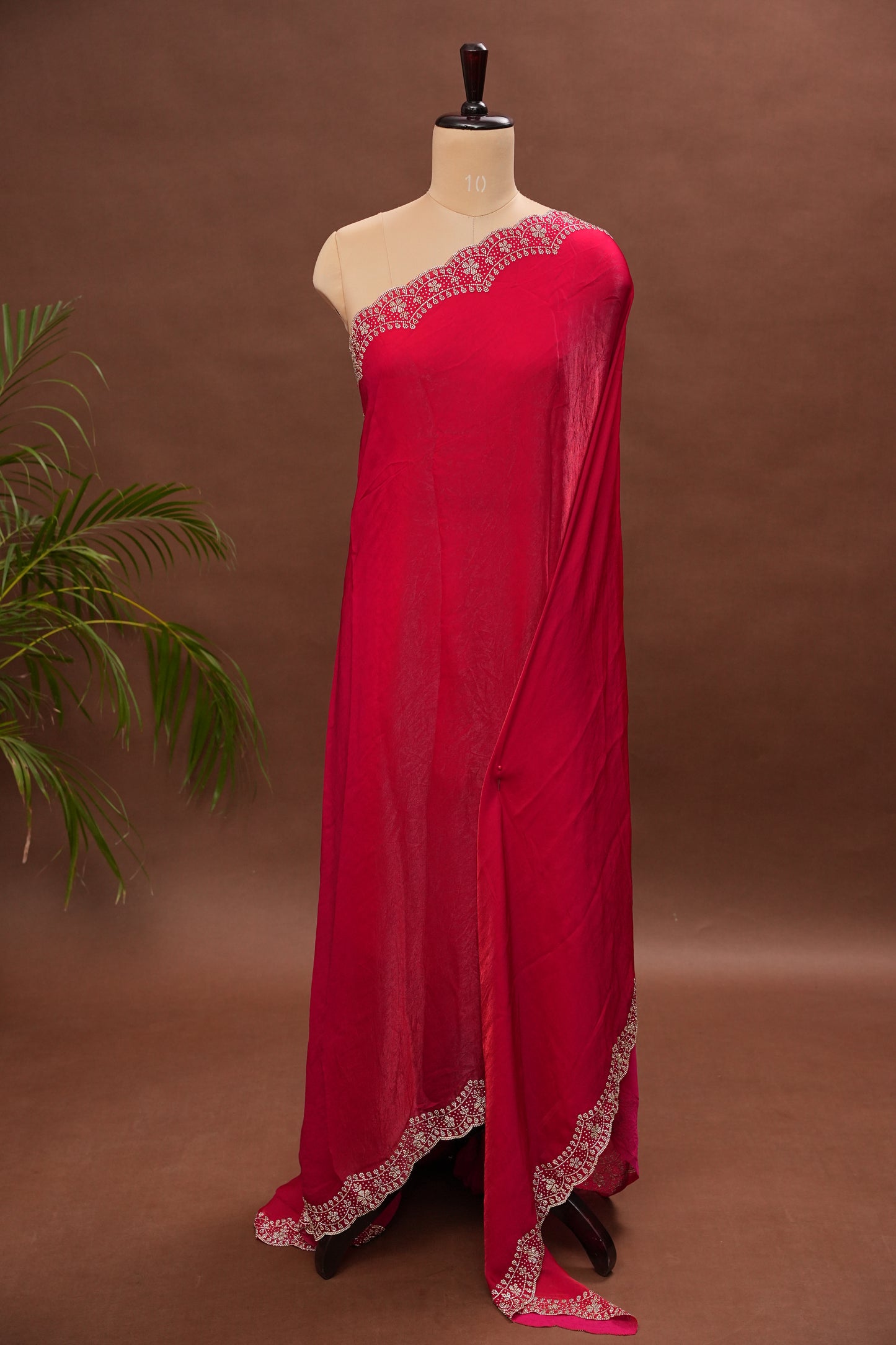 Rani Pink Party Wear Saree with Hand Embellished Scalloped Border