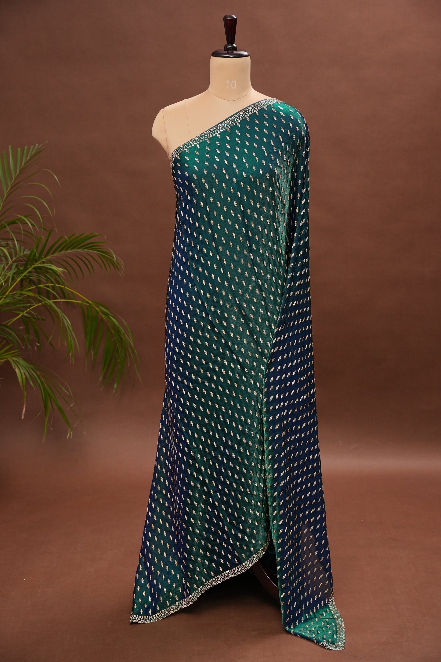 Dual Tone Peacock Blue & Emerald Green Party Wear Saree with Gold Stone Butta Work