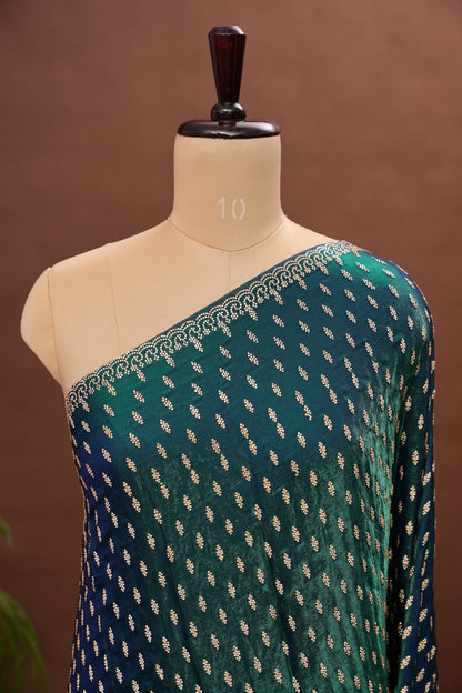 Dual Tone Peacock Blue & Emerald Green Party Wear Saree with Gold Stone Butta Work