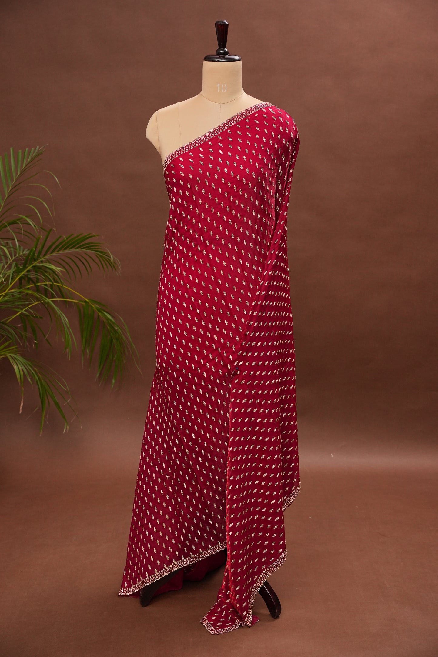 Ruby Red Party Wear Saree with Gold Butta & Embellished Border