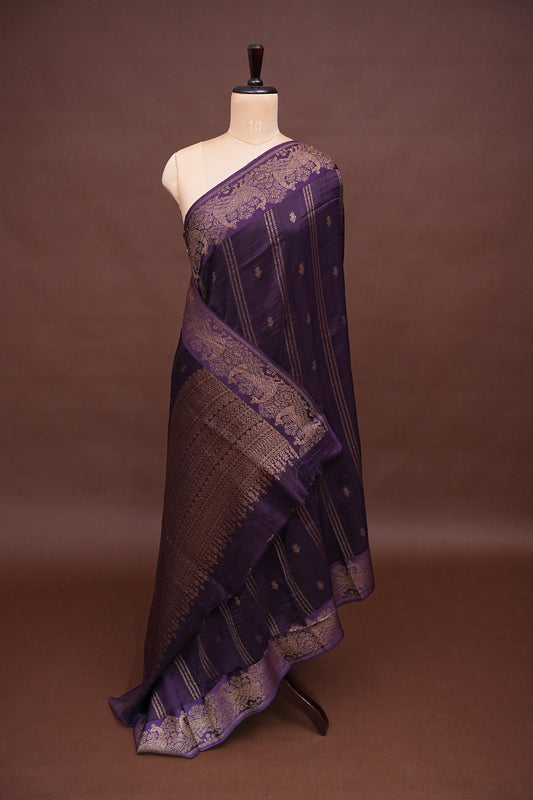 Tussar Banarasi Raw Silk Saree with Handloom Peacock Border – Deep Purple