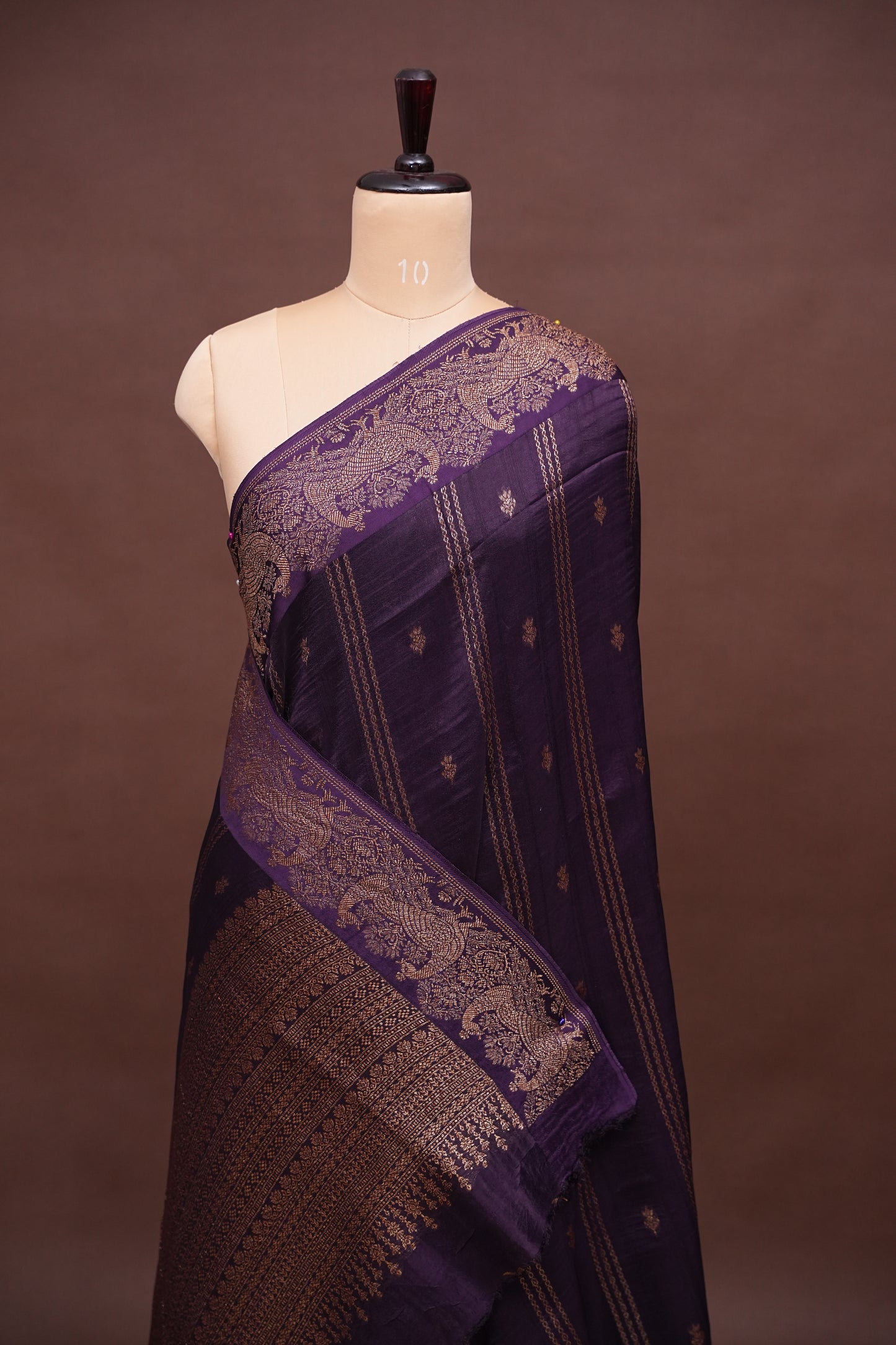 Tussar Banarasi Raw Silk Saree with Handloom Peacock Border – Deep Purple