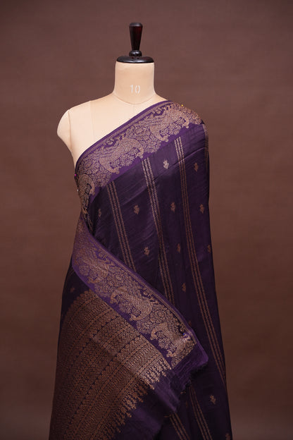 Tussar Banarasi Raw Silk Saree with Handloom Peacock Border – Deep Purple