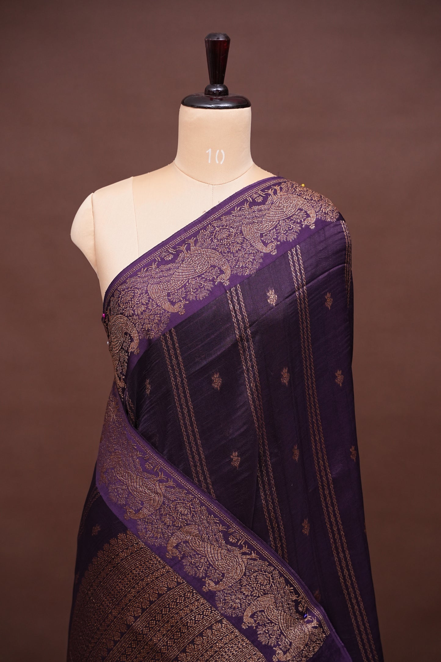 Tussar Banarasi Raw Silk Saree with Handloom Peacock Border – Deep Purple