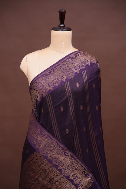 Tussar Banarasi Raw Silk Saree with Handloom Peacock Border – Deep Purple