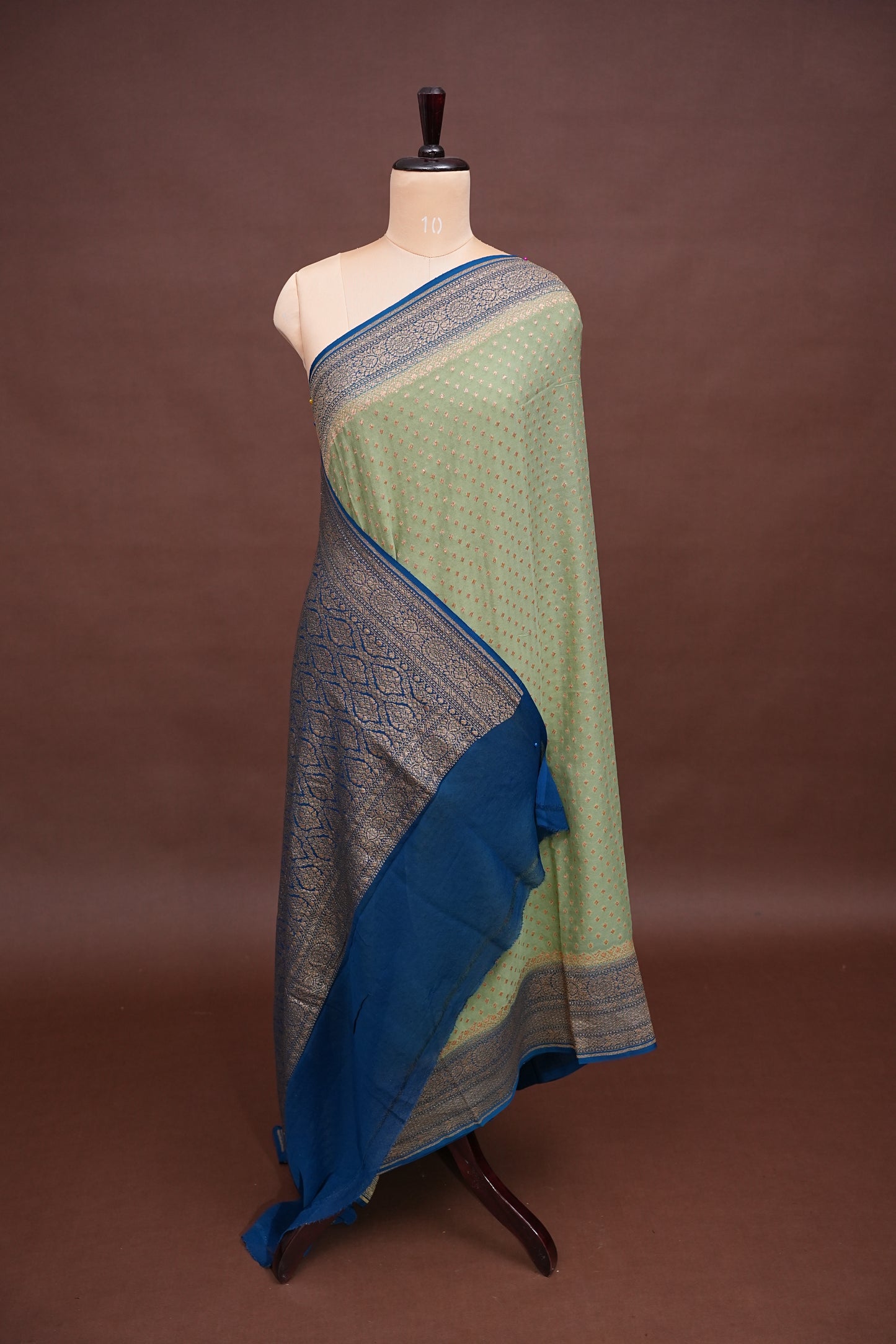 Pure Khadi Georgette Banarasi Saree - Sage Green & Peacock Blue