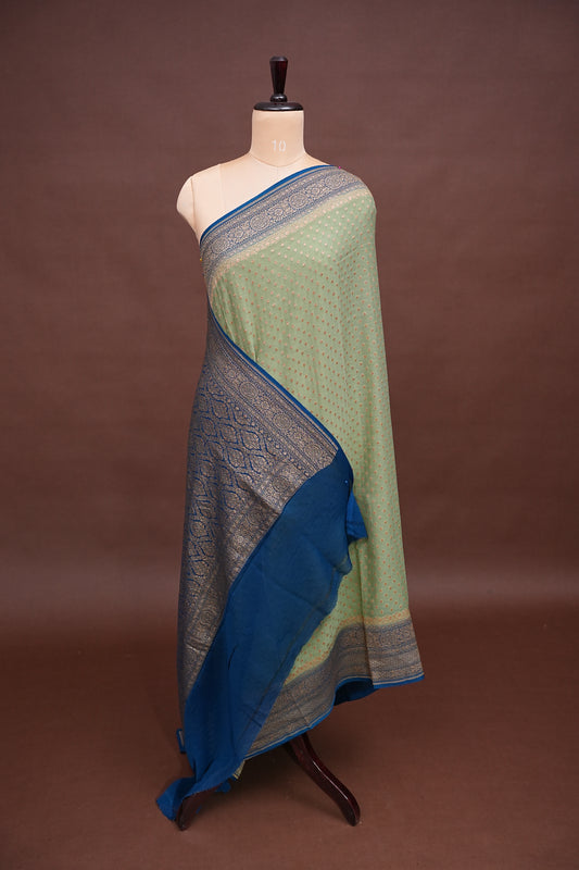 Pure Khadi Georgette Banarasi Saree - Sage Green & Peacock Blue