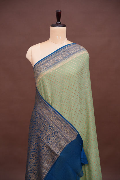 Pure Khadi Georgette Banarasi Saree - Sage Green & Peacock Blue