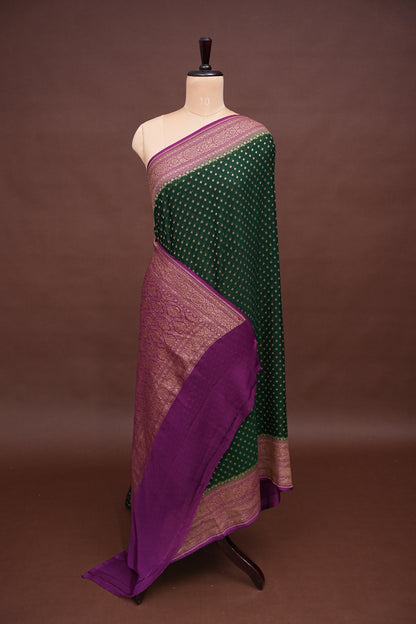 Pure Khadi Georgette Banarasi Saree - Bottle Green & Magenta