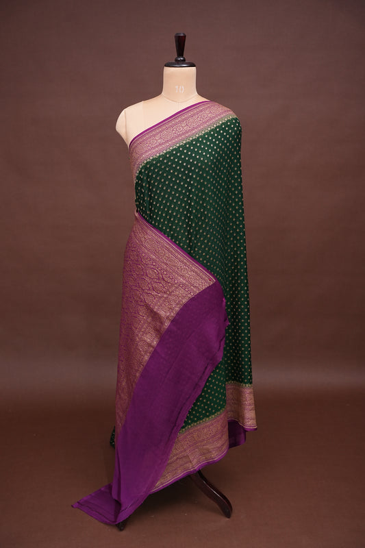 Pure Khadi Georgette Banarasi Saree - Bottle Green & Magenta