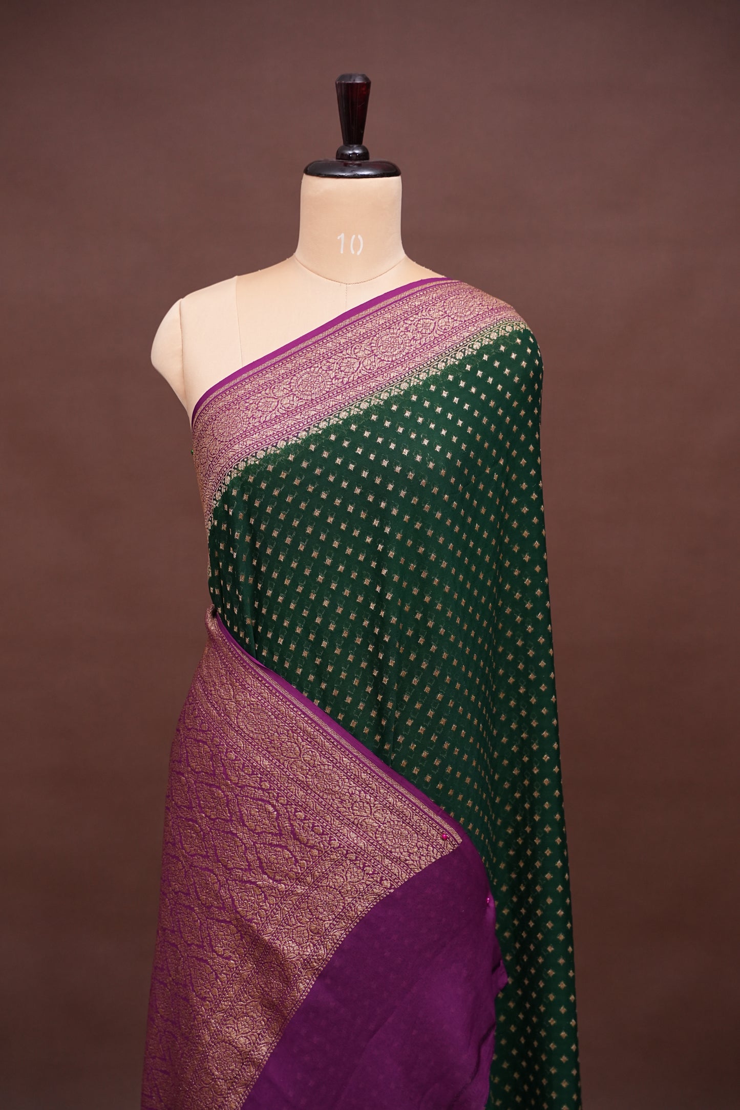 Pure Khadi Georgette Banarasi Saree - Bottle Green & Magenta