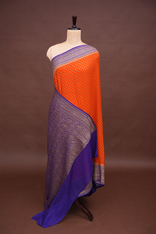 Pure Khadi Georgette Banarasi Saree - Orange & Deep Purple