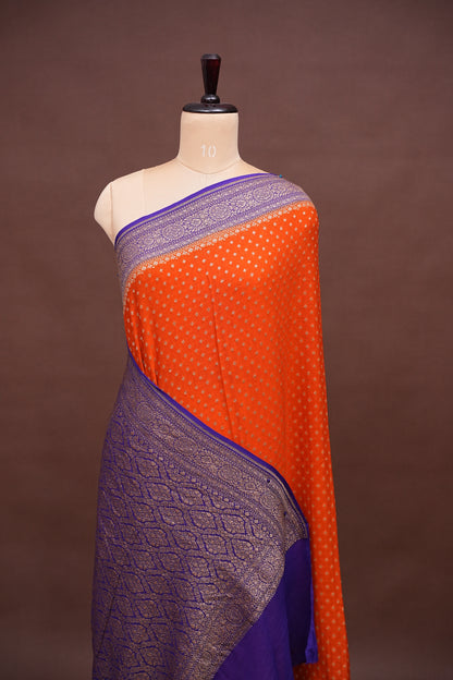 Pure Khadi Georgette Banarasi Saree - Orange & Deep Purple