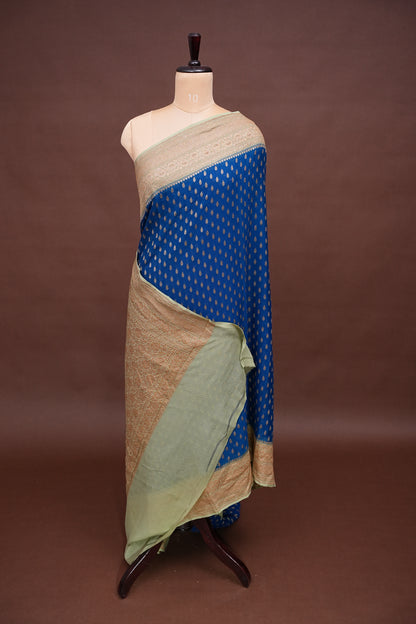 Pure Khadi Georgette Banarasi Saree - Peacock Blue & Sage Green