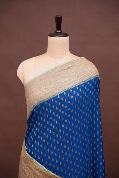 Pure Khadi Georgette Banarasi Saree - Peacock Blue & Sage Green