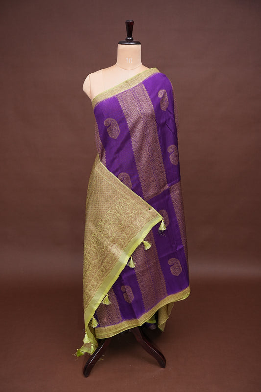 Tussar Banarasi Raw Silk Saree – Royal Purple & Pistachio Green