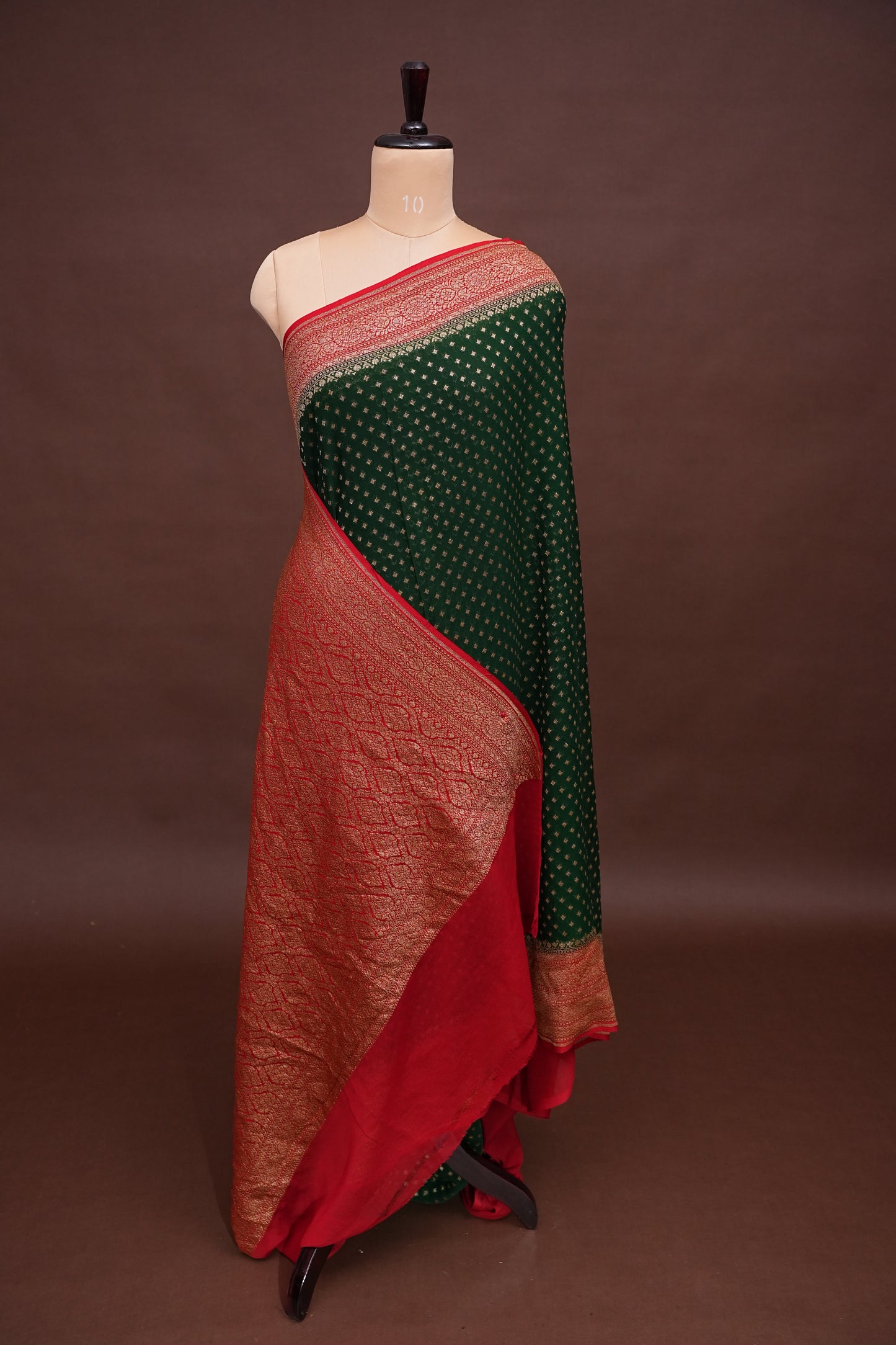 Pure Khadi Georgette Banarasi Saree – Bottle Green & Red