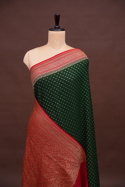 Pure Khadi Georgette Banarasi Saree – Bottle Green & Red