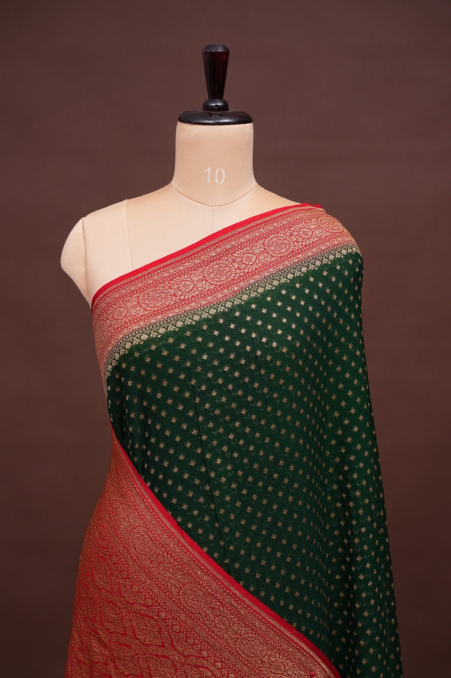 Pure Khadi Georgette Banarasi Saree – Bottle Green & Red