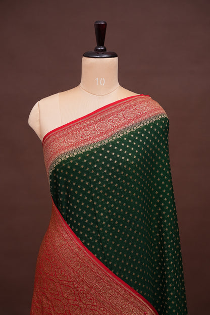 Pure Khadi Georgette Banarasi Saree – Bottle Green & Red