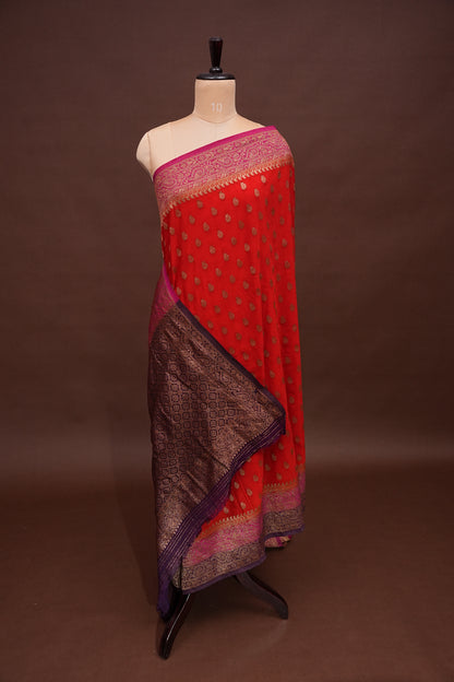 Banarasi Crepe Silk Georgette Saree –Orange & Deep Purple