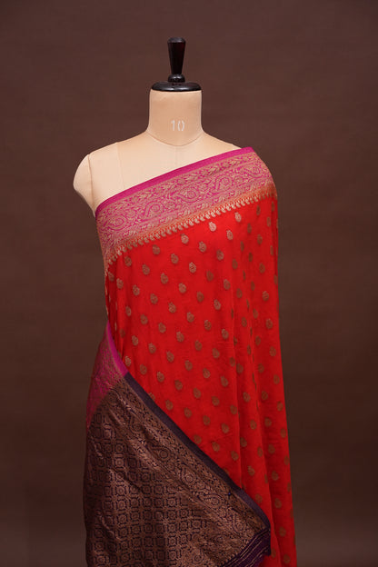 Banarasi Crepe Silk Georgette Saree –Orange & Deep Purple
