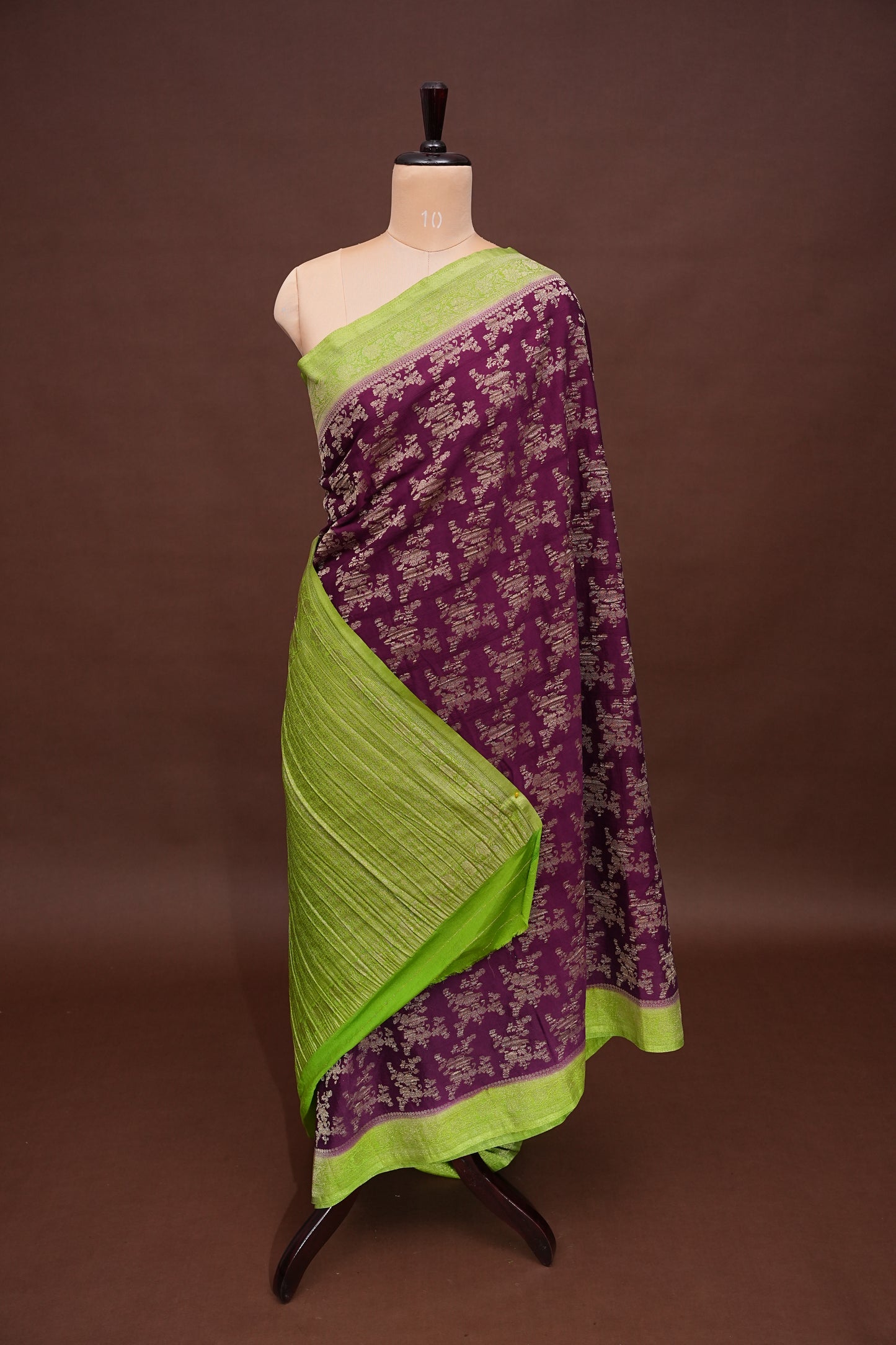 Georgette Silk Banarasi Saree - Wine & Lime Green