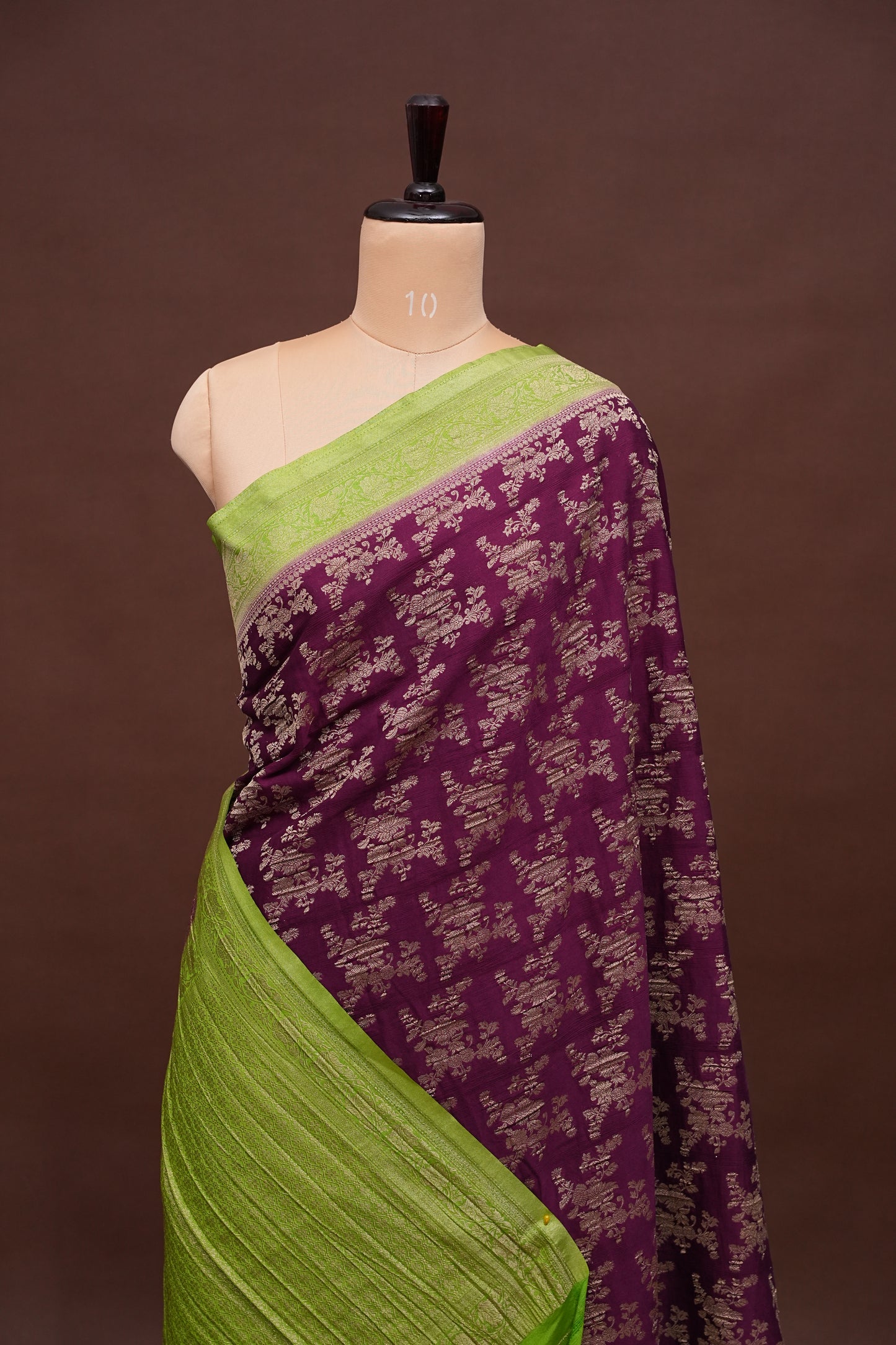 Georgette Silk Banarasi Saree - Wine & Lime Green