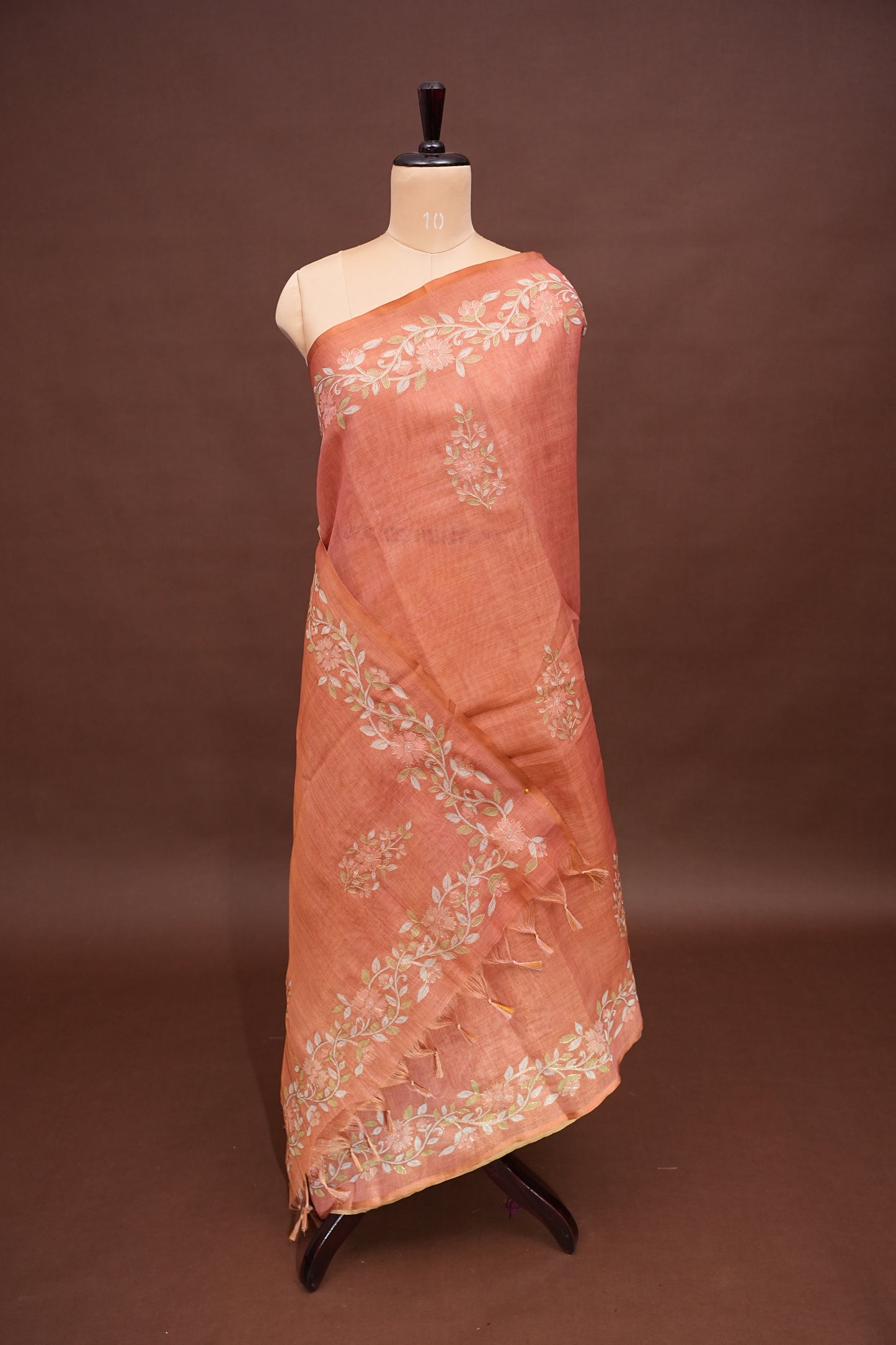 Embroidered Jute Linen Saree - Terracotta Peach