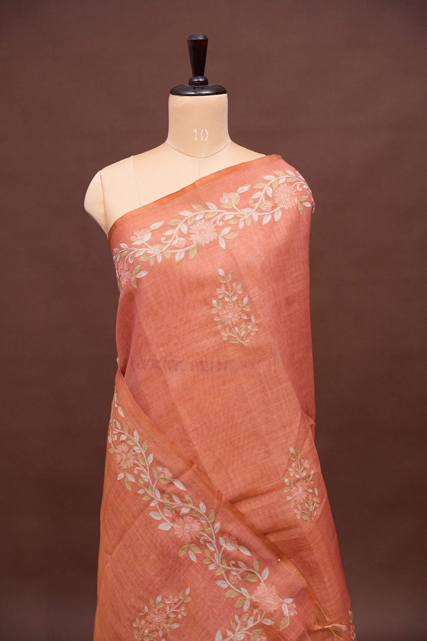 Embroidered Jute Linen Saree - Terracotta Peach