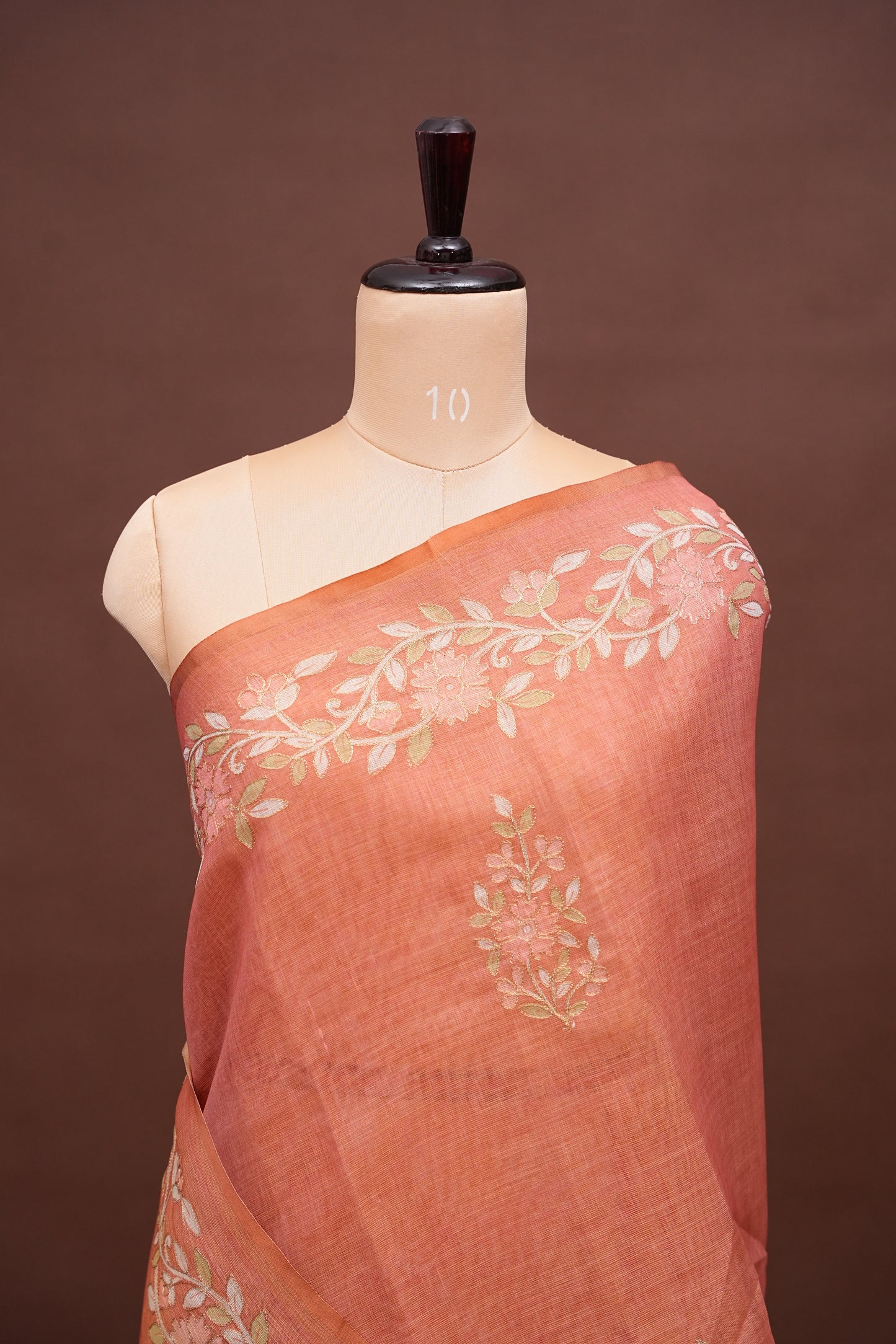 Embroidered Jute Linen Saree - Terracotta Peach