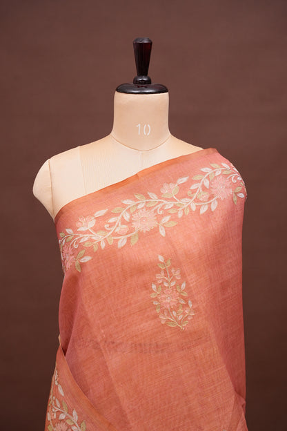 Embroidered Jute Linen Saree - Terracotta Peach
