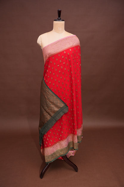 Banarasi Crepe Silk Georgette Saree – Red with Baby Pink